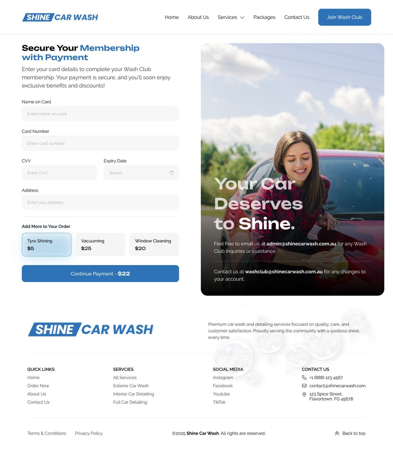 Shine Car Wash appointment booking design